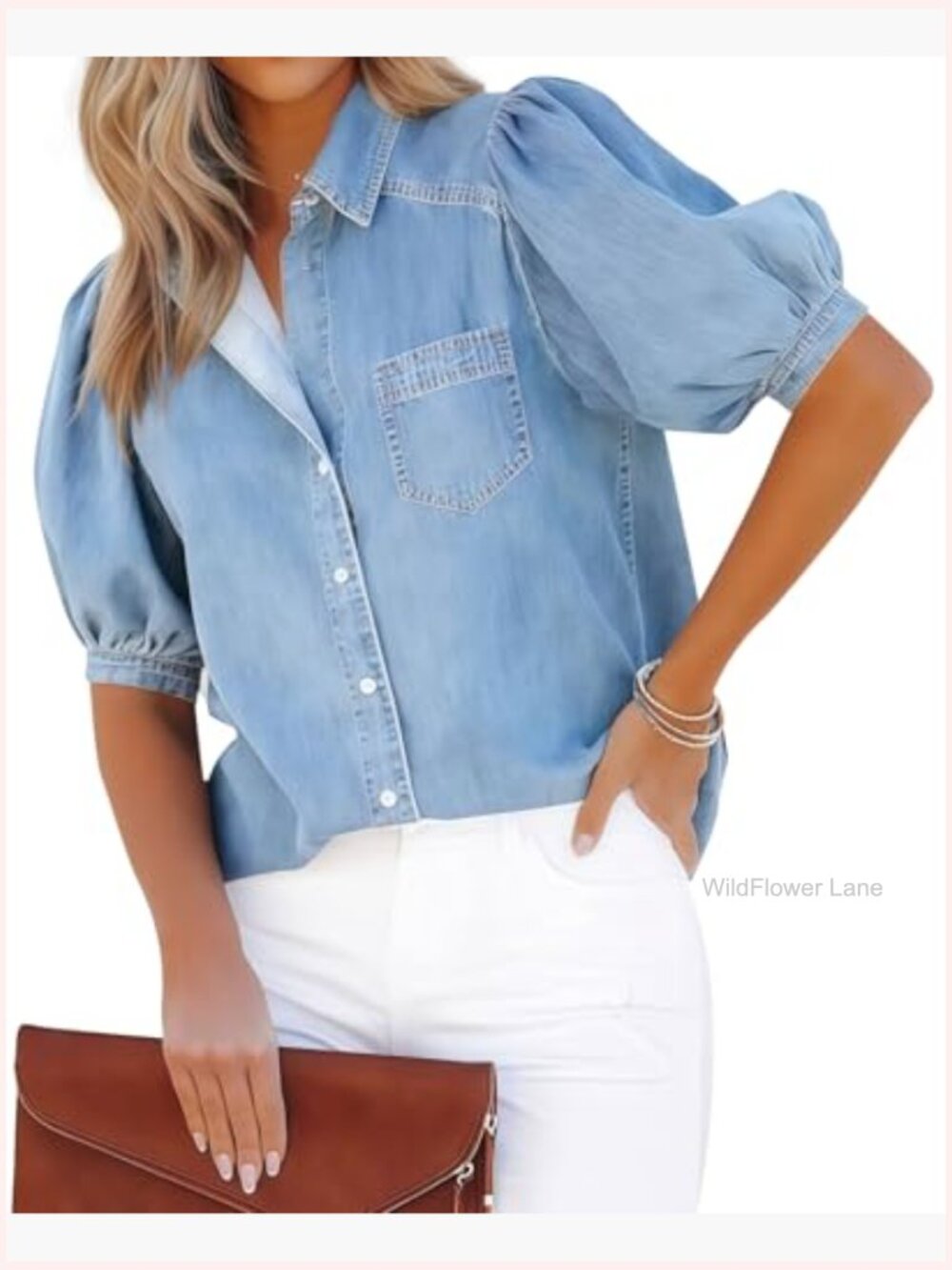 Faux Denim Long Sleeve Button Down Shirt Puff Sleeve Blouse - Picture 2 of 3